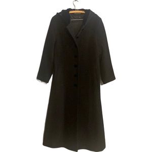 Vintage Halston gray wool hooded long dress coat with velvet detail. Size 12